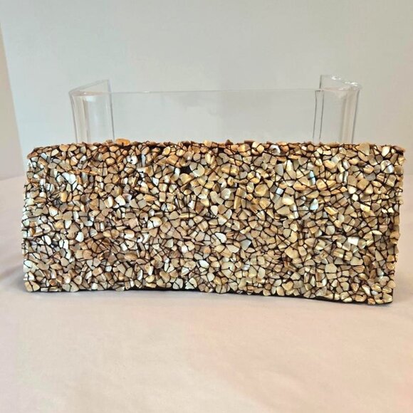 MOYNA Vintage Seashell Clutch, Shell Covered Fold Over Purse, Long Slim Clutch - Picture 1 of 13